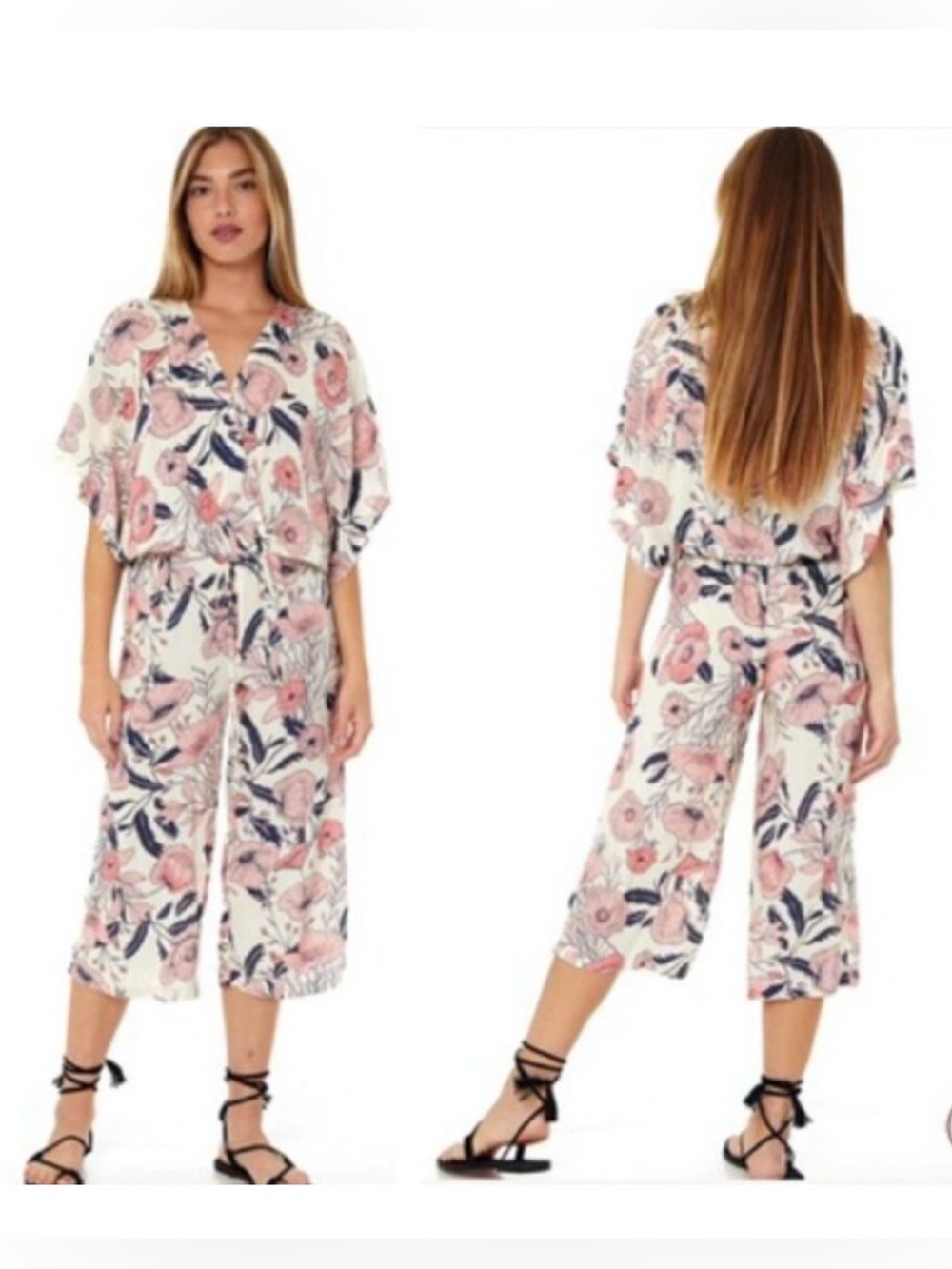 ON THE ROAD Breaker Floral S Jumpsuit Wide Capri Leg Crop V Kimono Sleeve Beach